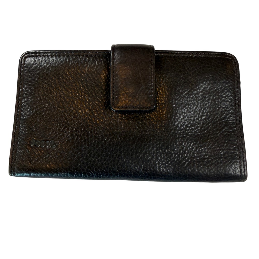 Fossil Womens Dark Brown Pebbled Genuine Leather Bifold Wallet Snap Closure